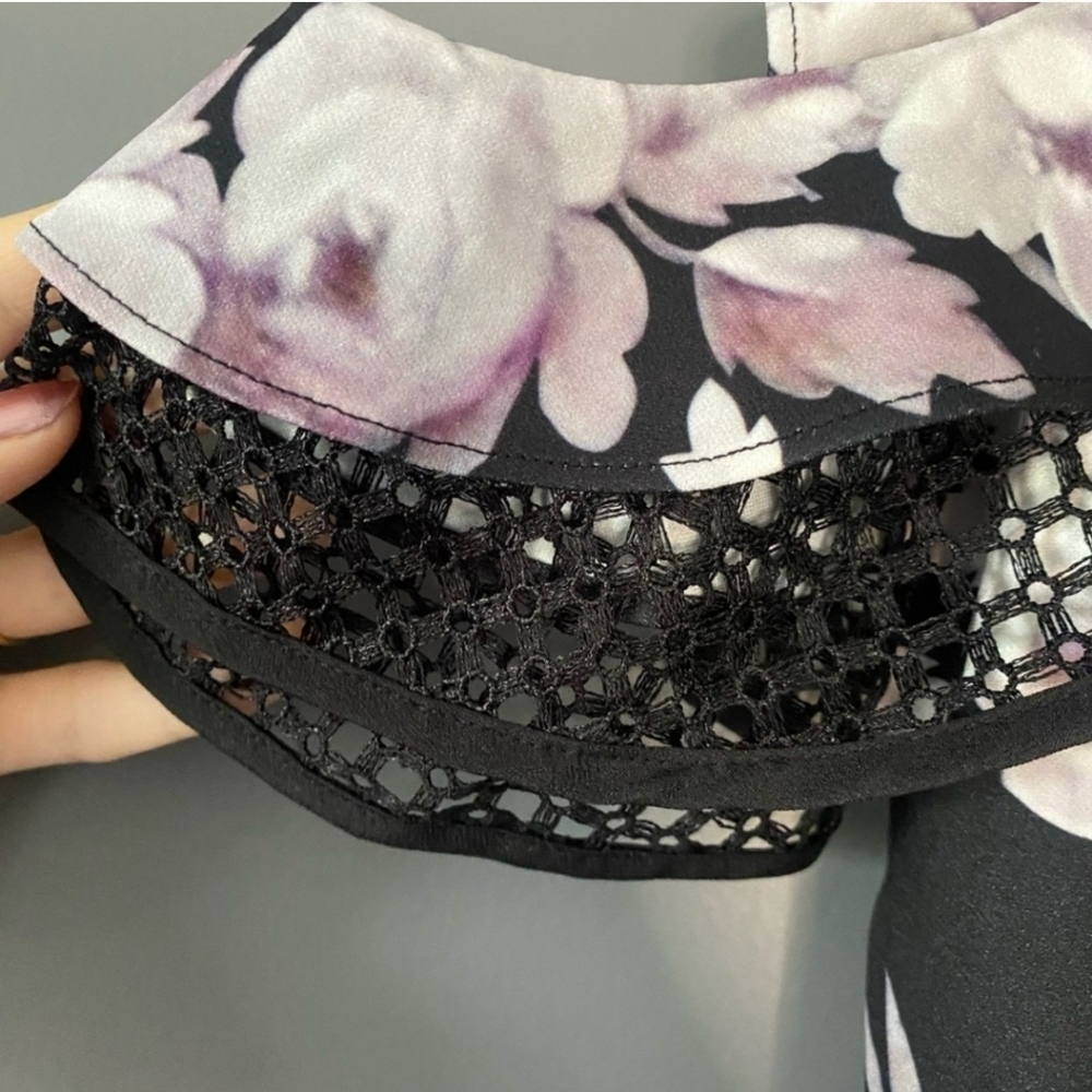 Bebe 8 Black & Pink Floral Mini cocktail dress Cold Shoulder Ruffle - Picture 6 of 16